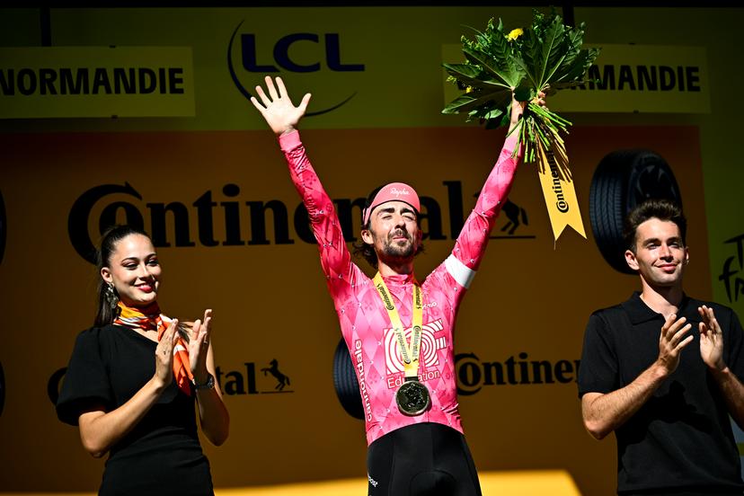 Irish Ben Healy of EF Education-EasyPost celebrates on the podium after winning stage six of the 2025 Tour de France cycling, from Bayeux to Vire Normandie (201 km), on Thursday 10 July 2025 in France. The 112th edition of the Tour de France starts on Saturday 5 July in Lille, France, and will finish in Paris, France on the 27th of July. BELGA PHOTO JASPER JACOBS