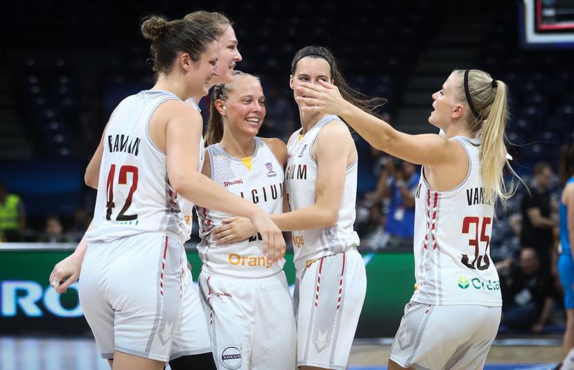 Belgian Cats Antonia Tonia Delaere, Belgian Cats Emma Meesseman, Belgian Cats Jana Raman and Belgian Cats Julie Allemand and  Belgian Cats Julie Vanloo celebrate after winning a qartersfinals qualification game between the Belgian Cats and the Slovenian national team, in Belgrade, Serbia, at the women EuroBasket basketball European championships, organised in Latvia and Serbia, Tuesday 02 July 2019. BELGA PHOTO VIRGINIE LEFOUR
