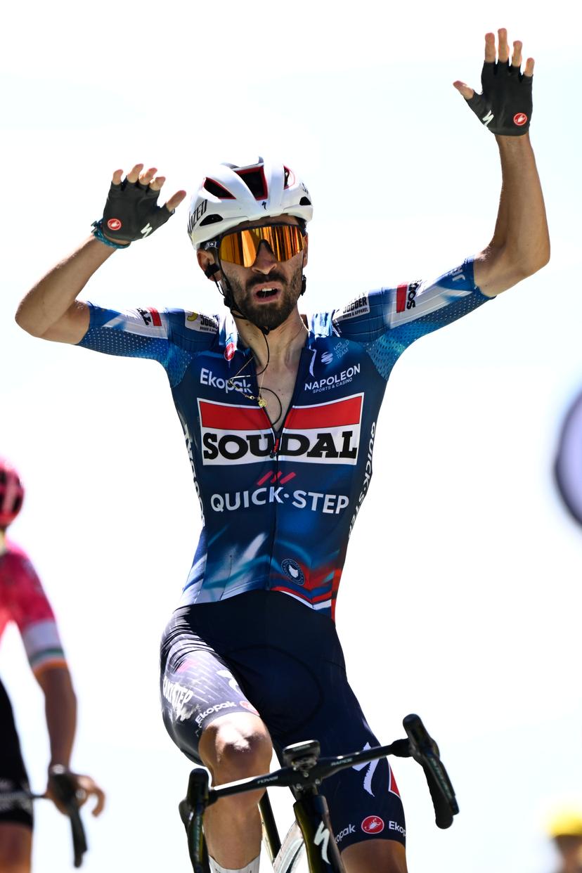 French Valentin Paret-Peintre of Soudal Quick-Step celebrates after winning stage 16 of the 2025 Tour de France cycling race, from Montpellier to Mont Ventoux (172 km), on Tuesday 22 July 2025 in France. The 112th edition of the Tour de France starts on Saturday 5 July in Lille, France, and will finish in Paris, France on the 27th of July.   BELGA PHOTO JASPER JACOBS