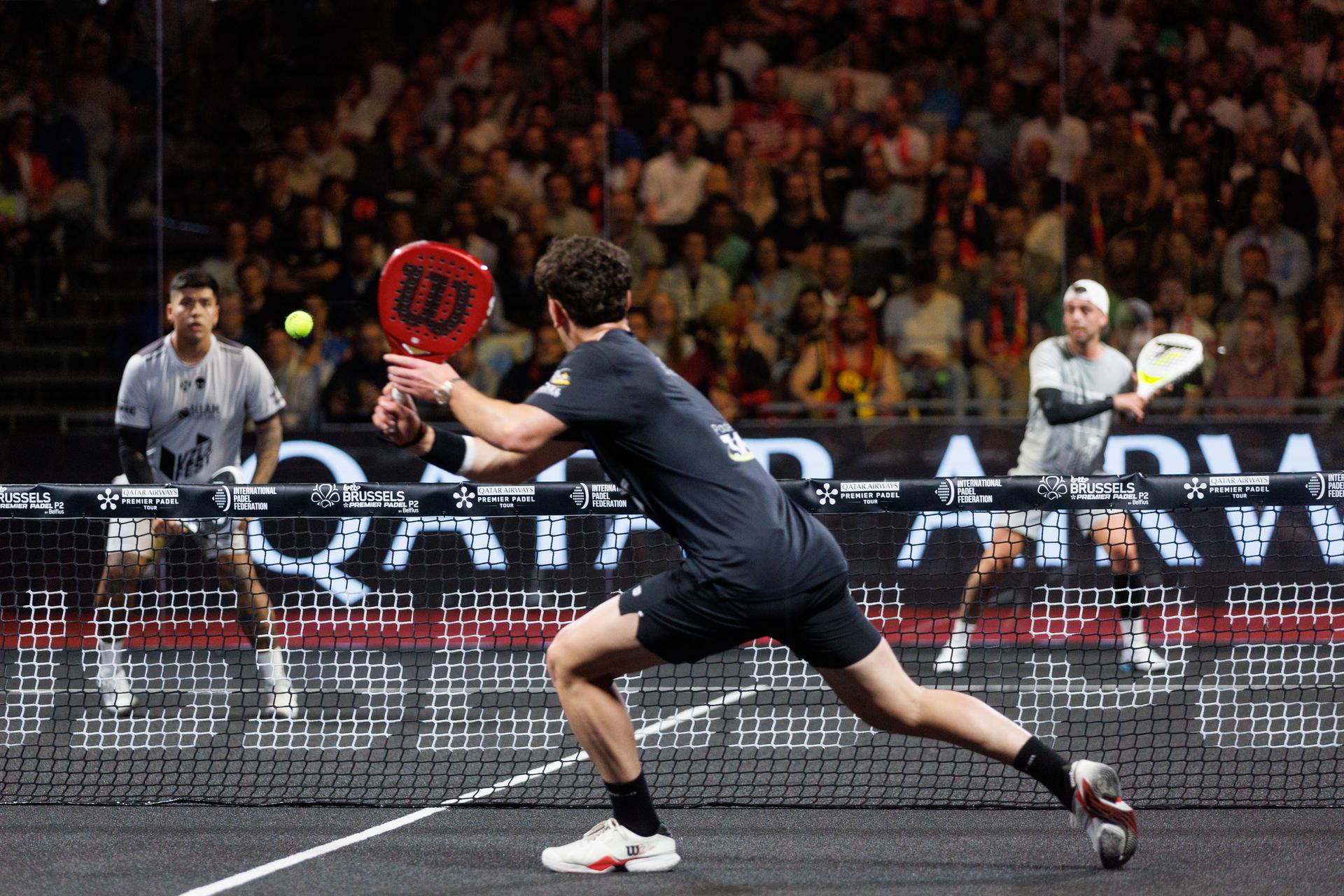 Leonel Deniel Aguirre, Thomas Leygue and Gonzalo Gabriel Alfonso pictured in action during the Lotto Brussels Premier Padel competition (20-27/04), in Tour & Taxis, Brussels, on Tuesday 22 April 2025. BELGA PHOTO HATIM KAGHAT