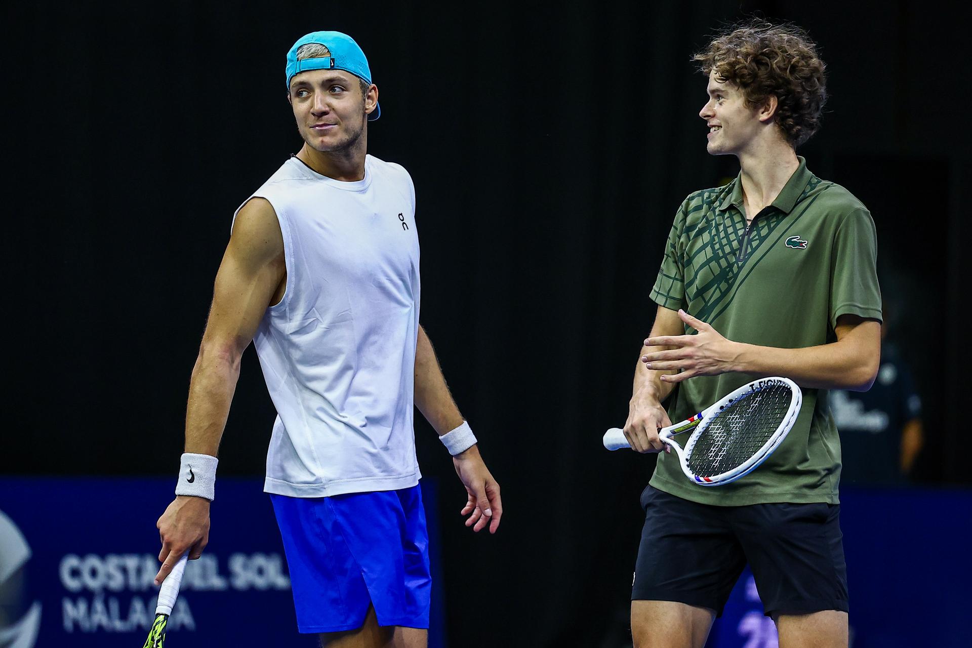 Belgian Alexander Blockx and Belgian Tibo Colson pictured during the European Open ATP tennis tournament in Brussels, on Monday 13 October 2025. This year's edition of the tournament is taking place from 12 to 19 October 2025. BELGA PHOTO DAVID PINTENS
