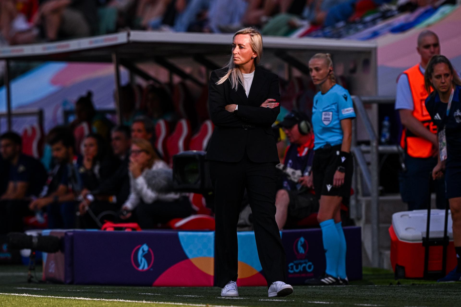 Elisabet GUNNARSDOTTIR head coach of Belgium during the women's UEFA Euro 2025 match between Belgium and Italy at Stade de Tourbillon on July 3, 2025 in Sion, Switzerland. (Photo by Baptiste Fernandez/Icon Sport) BELGIUM ONLY