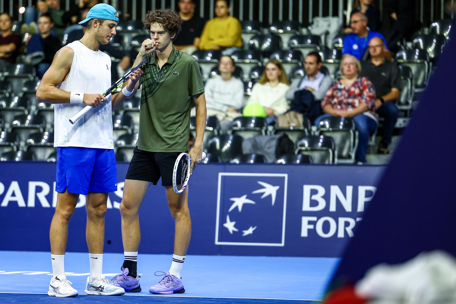 Belgian Alexander Blockx and Belgian Tibo Colson pictured during the European Open ATP tennis tournament in Brussels, on Monday 13 October 2025. This year's edition of the tournament is taking place from 12 to 19 October 2025. BELGA PHOTO DAVID PINTENS