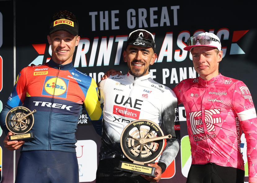 Italian Jonathan Milan of Lidl-Trek, Colombian Juan Sebastian Molano of UAE Team Emirates and Estonian Madis Mihkels of EF Education-EasyPost celebrate on the podium of the 'Classic Brugge-De Panne' men's elite one-day cycling race, 195,6 km from Brugge to De Panne, Wednesday 26 March 2025. BELGA PHOTO KURT DESPLENTER