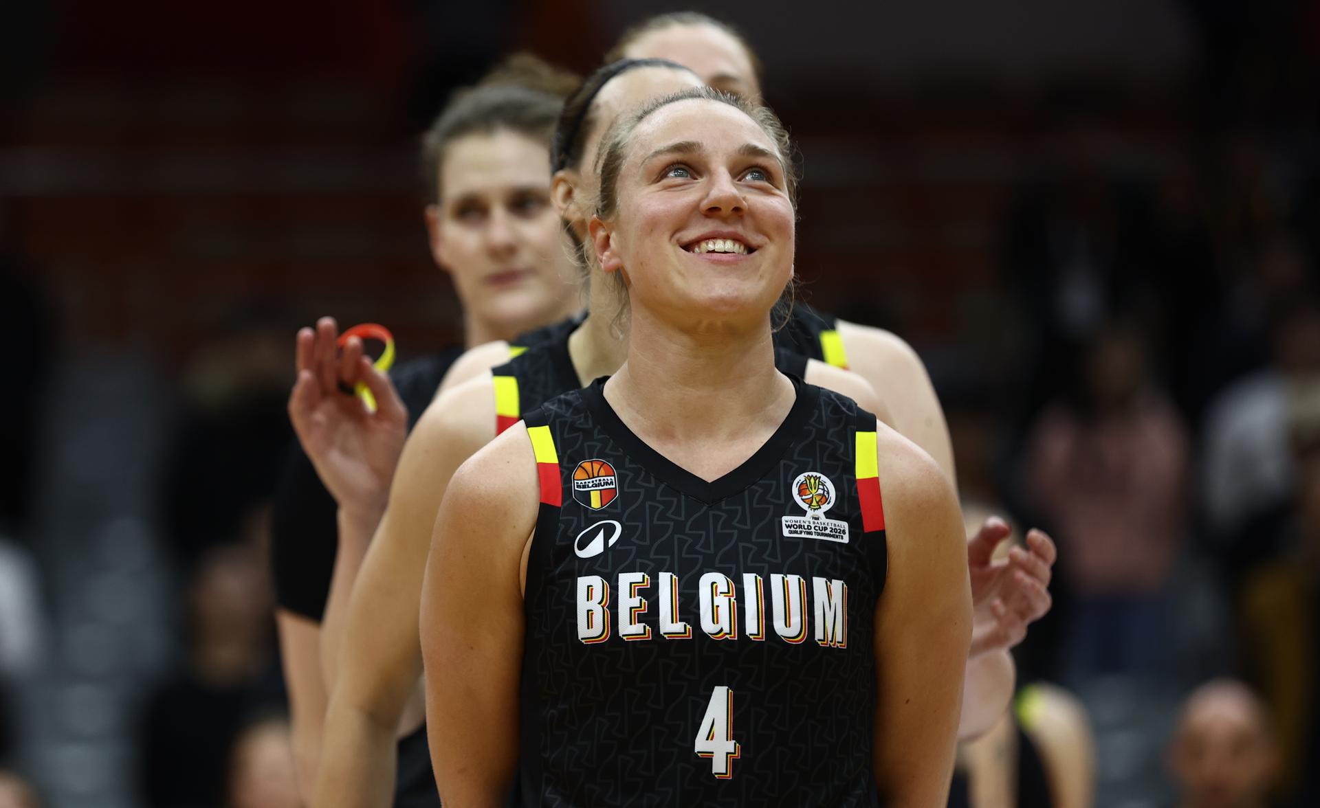 Belgian Cats' players pictured at the start of a basket game between Brazil and Belgium's national team Belgian Cats, in Wuhan, China, on Wednesday 11 March 2026, the first day (of 5) of the qualifications phase for the World Cup Basket tournament. BELGA PHOTO NIKOLA KRSTIC