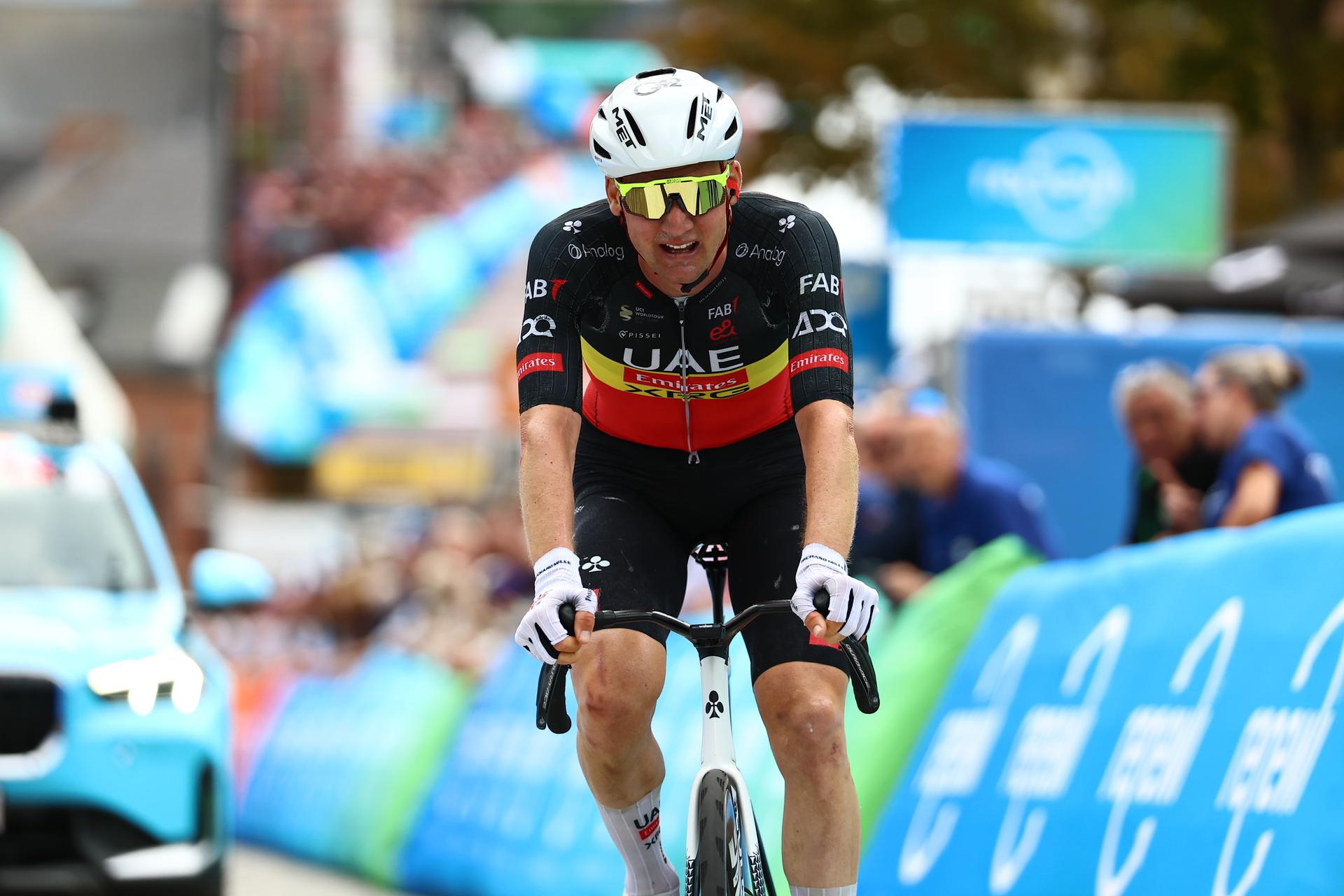 Belgian Tim Wellens of UAE Team Emirates crosses the finish line of the third stage of the 'Renewi Tour' multi-stage cycling race, from Aalter to Geraardsbergen (179,9 km) on Friday 22 August 2025. The five-day race takes place in Belgium and the Netherlands.  BELGA PHOTO DAVID PINTENS