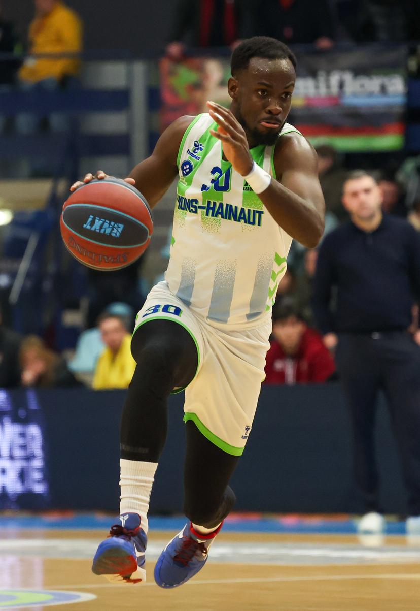 Mons' Tito Casero fights for the ball during a basketball match between Mons-Hainaut and BC Oostende, Saturday 10 January 2026 in Mons, on day 15/34 of the 'BNXT League' Belgian/Dutch first division basketball championships. BELGA PHOTO VIRGINIE LEFOUR