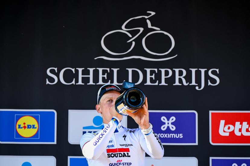 Belgian Tim Merlier of Soudal Quick-Step celebrates on the podium after winning the men's race of the 113th edition of the 'Scheldeprijs' one day cycling event, 202,8 km from Terneuzen, the Netherlands to Schoten, Belgium on Wednesday 09 April 2025. BELGA PHOTO ERIC LALMAND