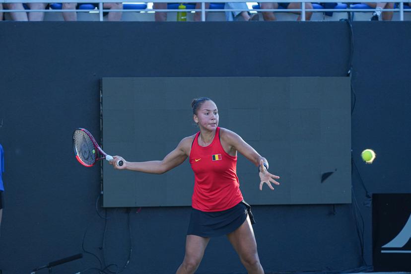 Belgian Sofia Costoulas pictured in action during the first match between US Pegula (WTA 5) and Belgian Costoulas (WTA 279) on the first day of the meeting between USA and Belgium, in the qualification round in the world group for the final of the Billie Jean King Cup tennis, in Orlando, Florida, USA, on Friday 12 April 2024. BELGA PHOTO MARTY JEAN LOUIS