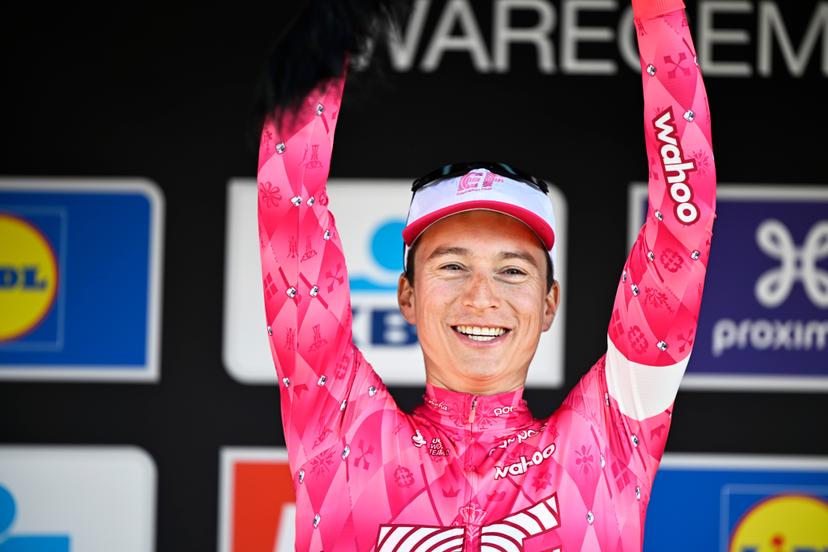 American Neilson Powless of EF Education-EasyPost celebrates on the podium after winning the men elite race of the 'Dwars Door Vlaanderen' cycling event, 184,2km from Roeselare to Waregem, Wednesday 02 April 2025. BELGA PHOTO JASPER JACOBS
