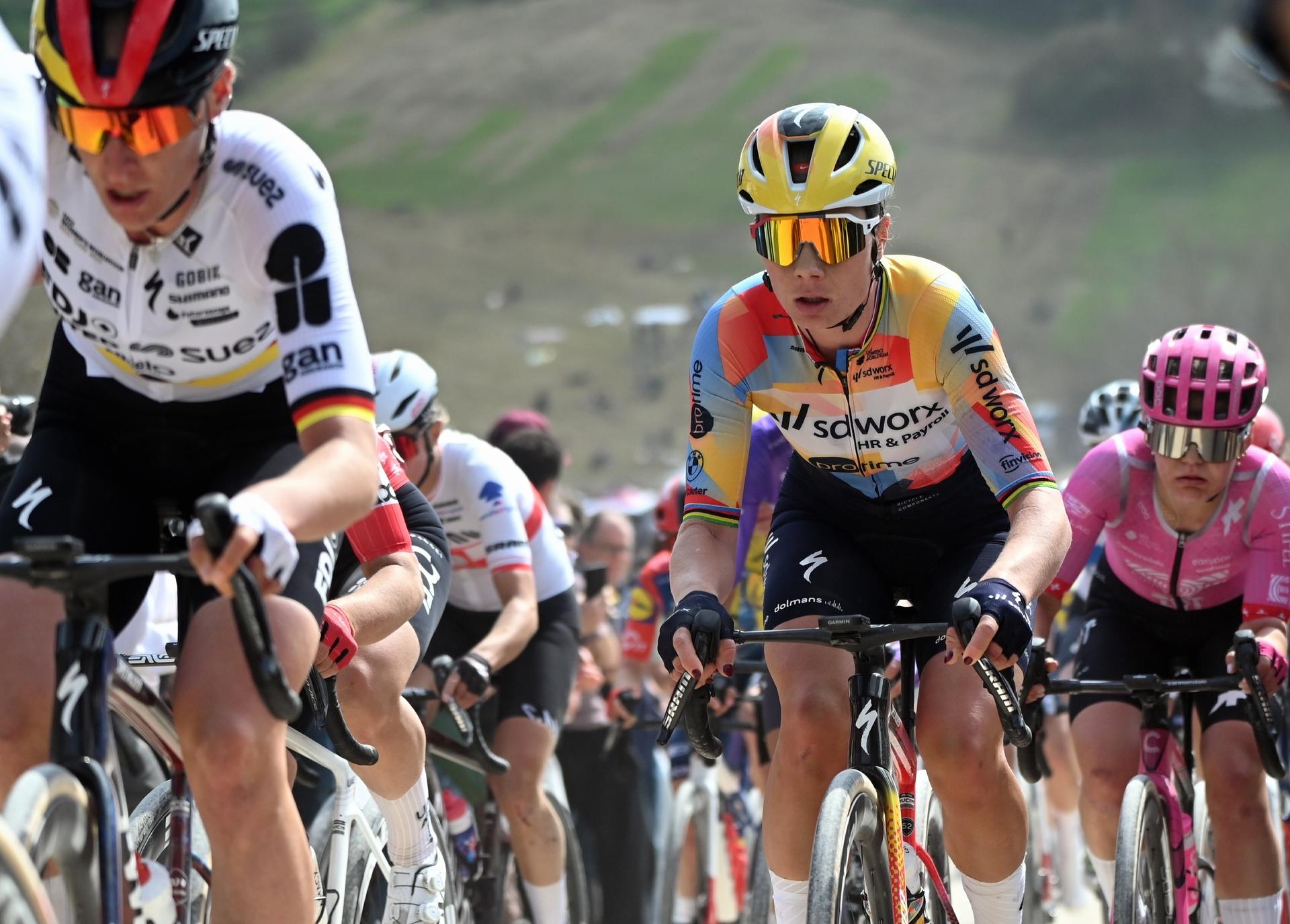 Belgian Lotte Kopecky pictured in action during the men elite 'Strade Bianche' one day cycling race, 203km from and to Siena, Italy on Saturday 07 March 2026. BELGA PHOTO DIRK WAEM