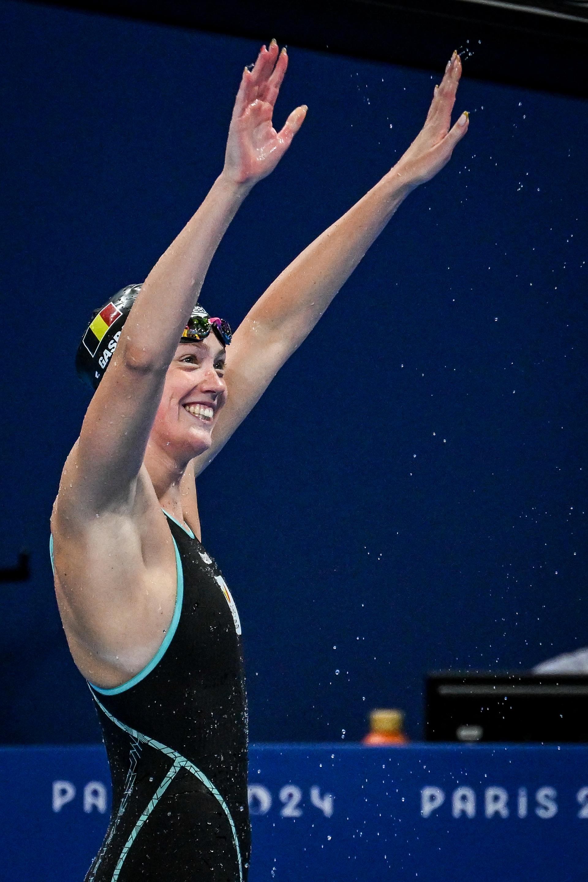 Belgian swimmer Florine Gaspard pictured after the heats of the women's 50m freestyle swimming competition at the Paris 2024 Olympic Games, on Saturday 03 August 2024 in Paris, France. The Games of the XXXIII Olympiad are taking place in Paris from 26 July to 11 August. The Belgian delegation counts 165 athletes competing in 21 sports. BELGA PHOTO ANTHONY BEHAR   **  ** *** BELGIUM ONLY ***