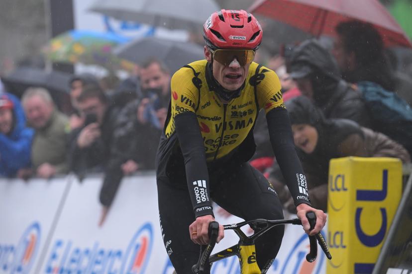 Danish Jonas Vingegaard of Team Visma-Lease a Bike celebrates after winning the fourth stage of 84th edition of the Paris-Nice cycling race, a race from Bourges to Uchon (195 km), on Wednesday 11 March 2026. BELGA PHOTO DAVID PINTENS