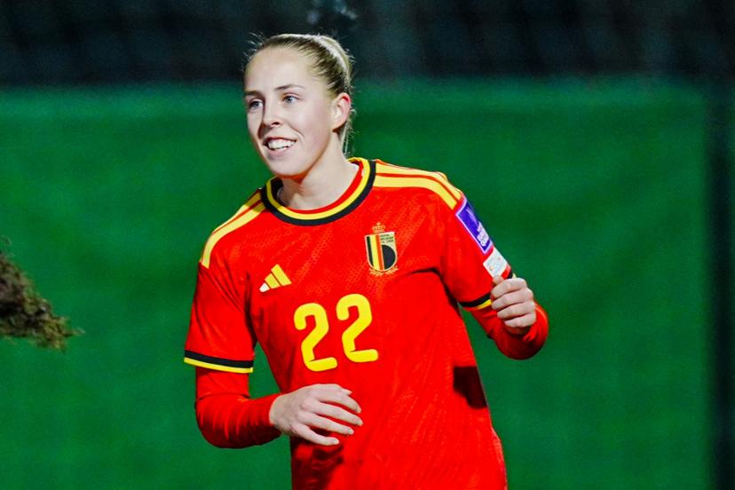 Saar Janssen of Belgium celebrate after scoring during a game between Belgium's national women's soccer team the Red Flames and Israel, qualifying game 1/6 for the 2027 FIFA Women's World Cup, on Tuesday 03 March 2026, in Budaors, Hungary. BELGA PHOTO ISTVAN DERENCSENYI