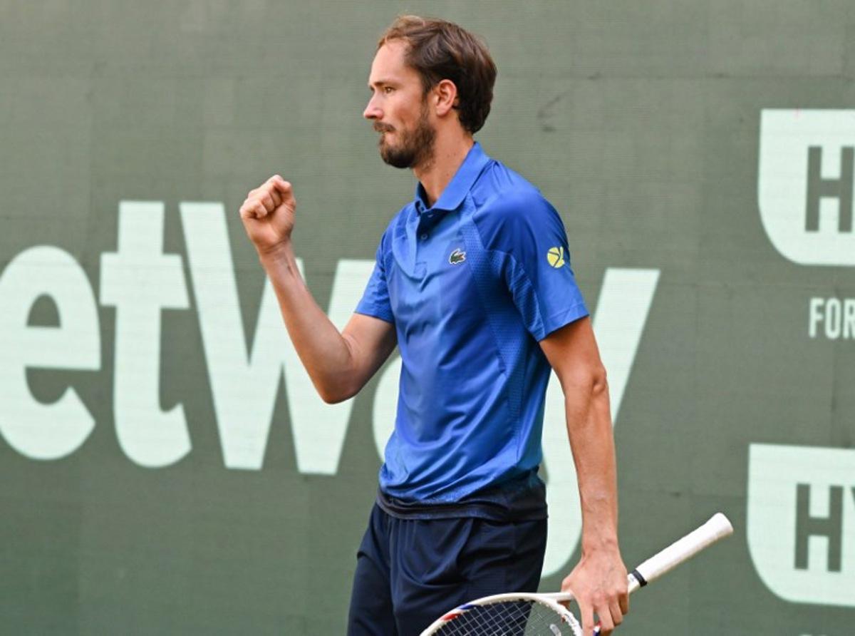 Russia's Daniil Medvedev reacts during the men's singles semi-final match against Germany's Alexander Zverev (not in picture) at the Halle Open ATP tennis tournament in Halle, western Germany, on June 21, 2025.  CARMEN JASPERSEN / AFP
