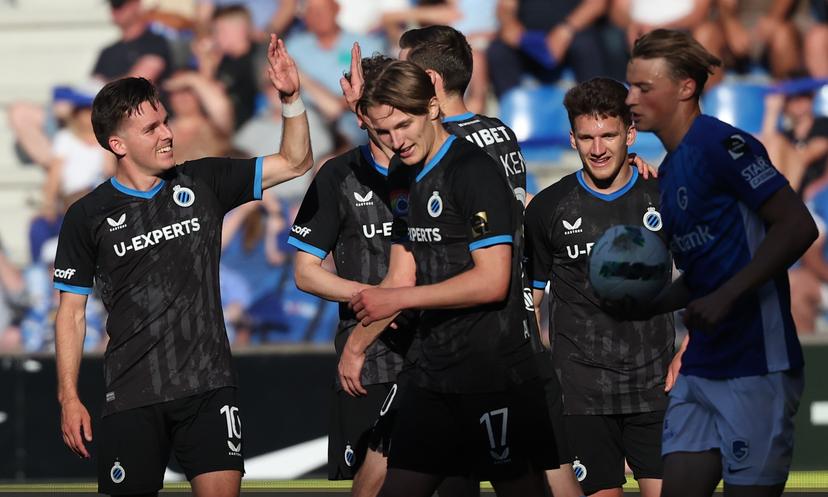 Club's Hugo Vetlesen celebrates after scoring during a soccer match between KRC Genk and Club Brugge, Sunday 11 May 2025 in Genk, on day 8 (out of 10) of the Champions' Play-offs of the 2024-2025 'Jupiler Pro League' first division of the Belgian championship. BELGA PHOTO VIRGINIE LEFOUR
