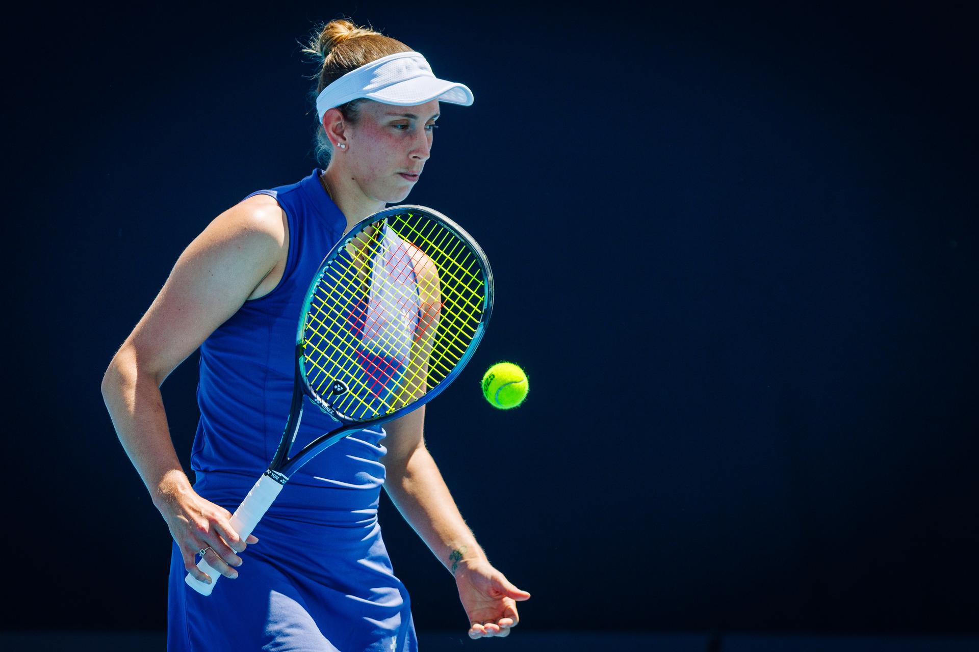 Belgian Elise Mertens pictured during a doubles tennis match between Belgian-Australian pair Mertens-Perez and Australian-Ukrainian pair Aiava-Kostyuk, in the second round of the women's doubles at the 'Australian Open' Grand Slam tennis tournament, Saturday 18 January 2025 in Melbourne Park, Melbourne, Australia. The 2025 edition of the Australian Grand Slam takes place from January 12th to January 26th. BELGA PHOTO PATRICK HAMILTON BELGIUM ONLY