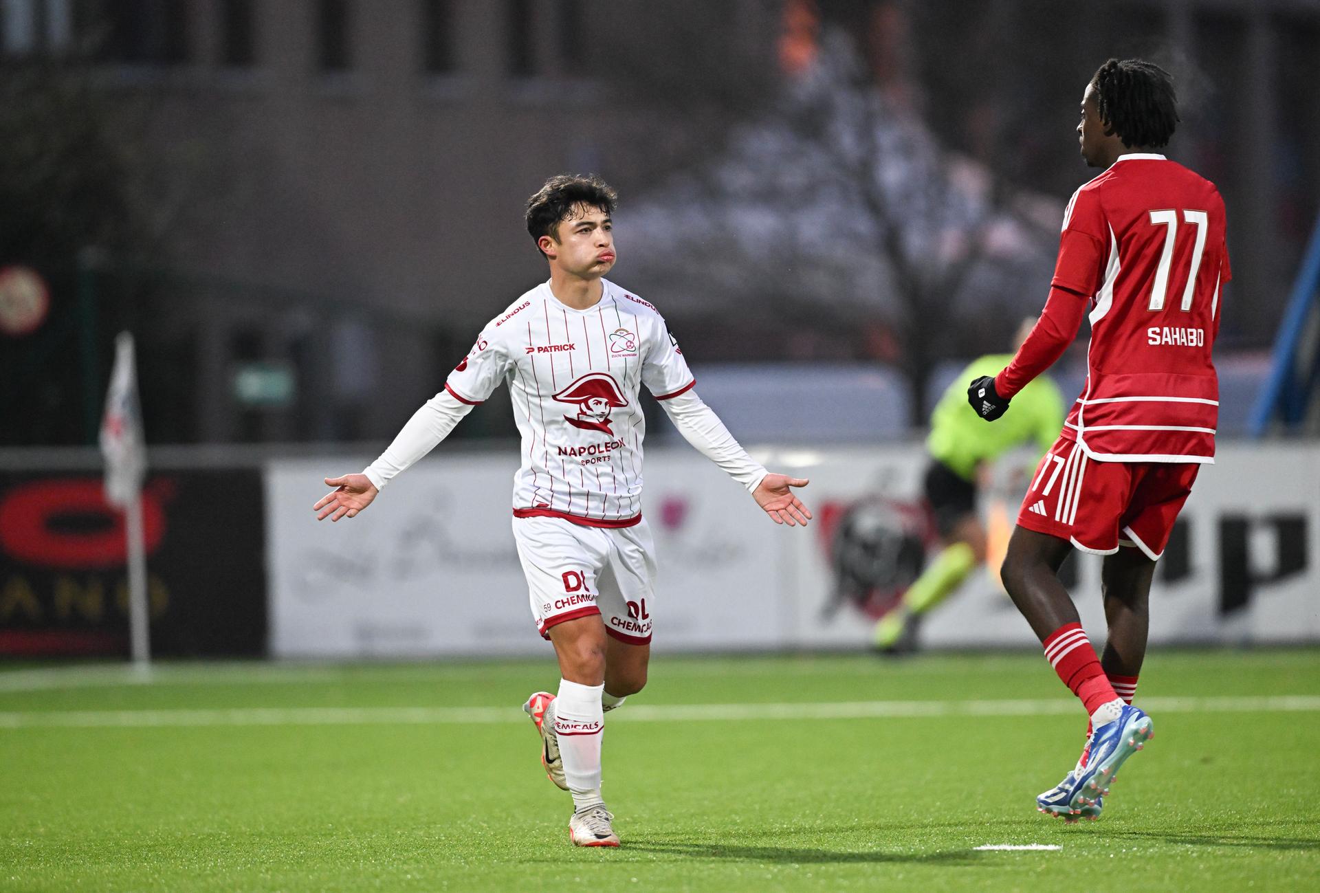 Essevee's Dylan Demuynck celebrates after scoring during a soccer match between SL16 and Zulte Waregem, Saturday 02 December 2023 in Liege, on day 2/30 of the 2023-2024 'Challenger Pro League' second division of the Belgian championship. BELGA PHOTO JOHN THYS