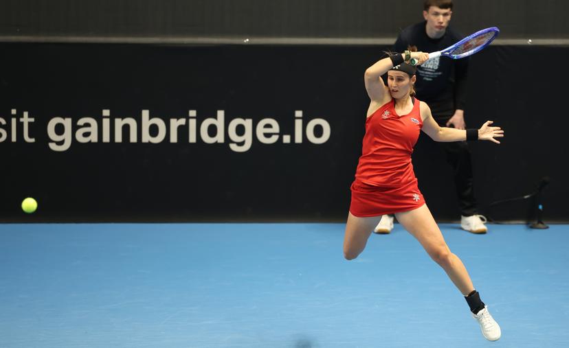 Belgian Greet Minnen pictured in action during a tennis match between Belgian Minnen and French Gracheva, on Friday 11 April 2025, the second game in the Promotion Play-offs between Belgium and France in the Europe/Africa Group I of the Billie Jean King Cup tennis, in Vilnius, Lithuania. PHOTO VIRGINIE LEFOUR