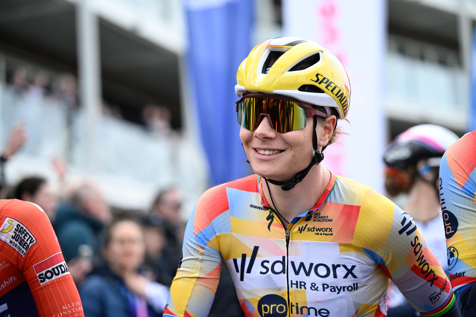 Belgian Lotte Kopecky of SD Worx-Protime pictured at the start of the women elite race of the 'Dwars Door Vlaanderen' cycling event, 128,9km from Roeselare to Waregem, Wednesday 01 April 2026. BELGA PHOTO TOM GOYVAERTS