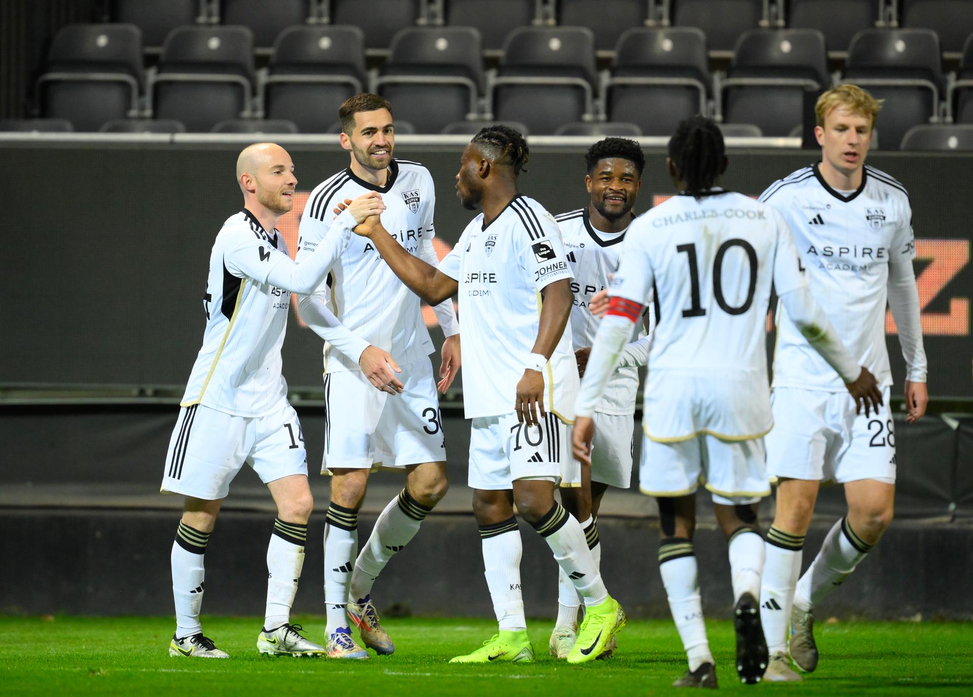 Eupen's Jan Gorenc celebrates after scoring during a soccer match between KAS Eupen and Club NXT, in Eupen, on day 27 of the 2024-2025 'Challenger Pro League' 1B second division of the Belgian championship, Sunday 30 March 2025. BELGA PHOTO JOHN THYS