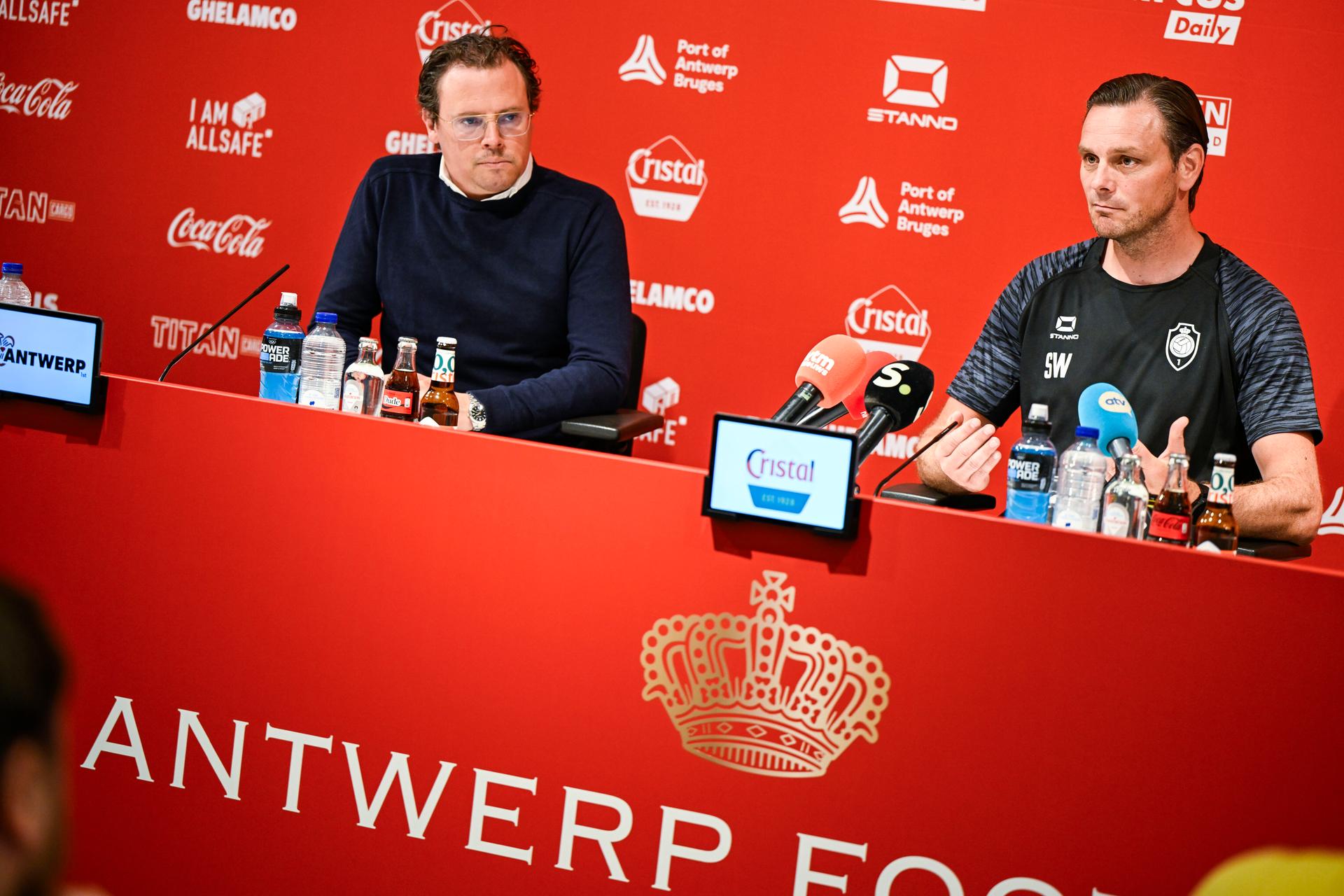 Antwerp's general manager Sven Jaecques and Antwerp's head coach Stef Wils pictured during a press conference of Belgian soccer team Royal Antwerp FC, Wednesday 25 June 2025 in Antwerp, in preparation of the upcoming 2025-2026 Belgian first division soccer season. BELGA PHOTO TOM GOYVAERTS