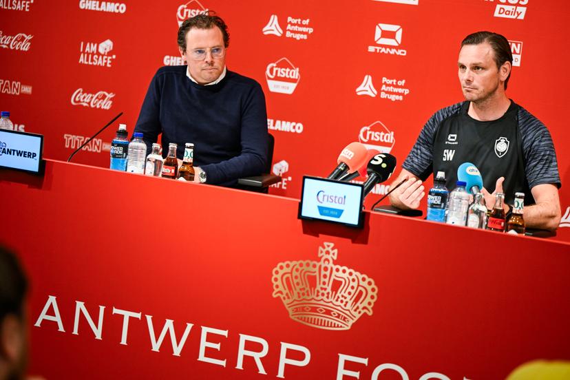 Antwerp's general manager Sven Jaecques and Antwerp's head coach Stef Wils pictured during a press conference of Belgian soccer team Royal Antwerp FC, Wednesday 25 June 2025 in Antwerp, in preparation of the upcoming 2025-2026 Belgian first division soccer season. BELGA PHOTO TOM GOYVAERTS