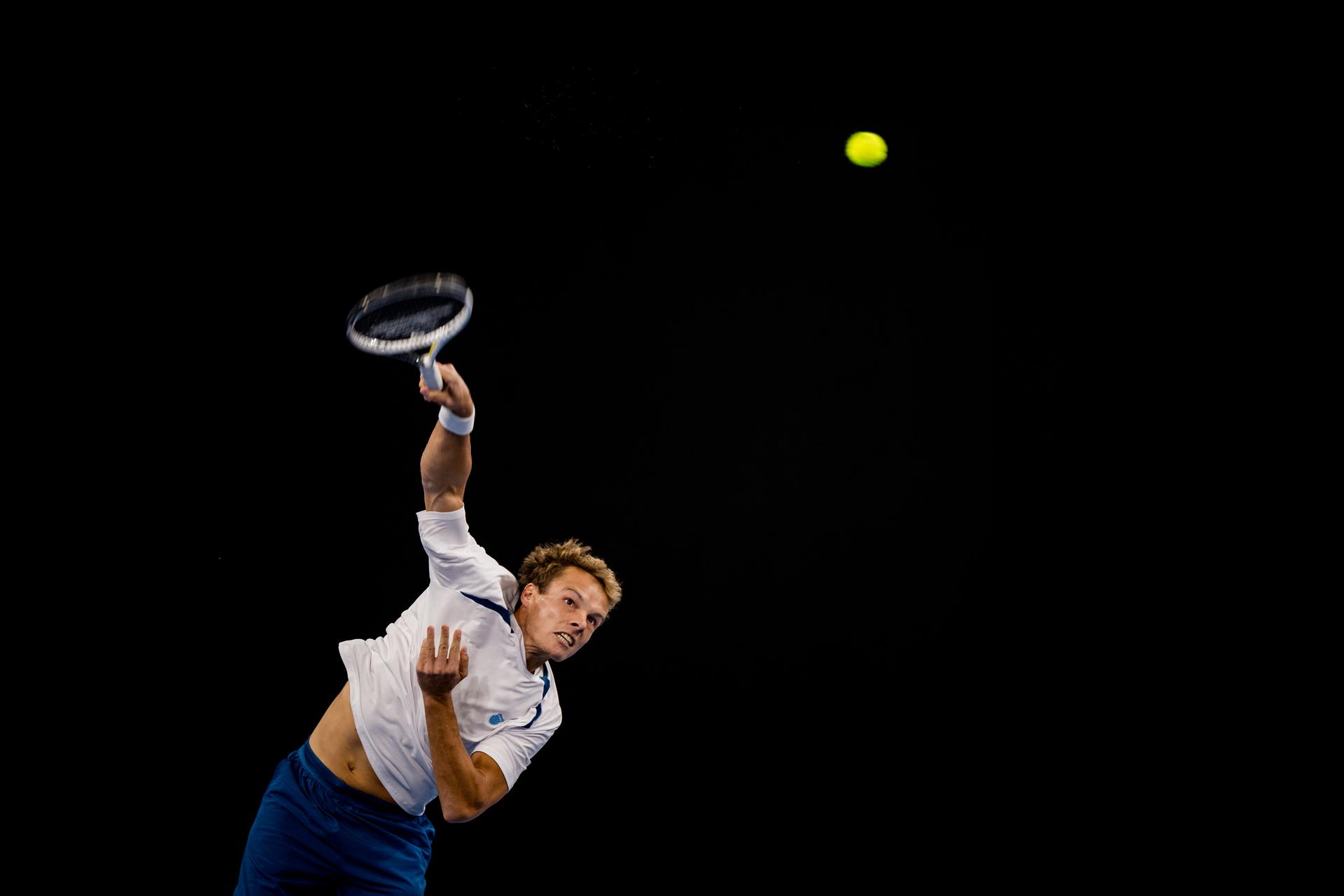 Belgian Michael Geerts pictured in action during a first round doubles match at the European Open Tennis ATP tournament, in Antwerp, Monday 16 October 2023. BELGA PHOTO JASPER JACOBS