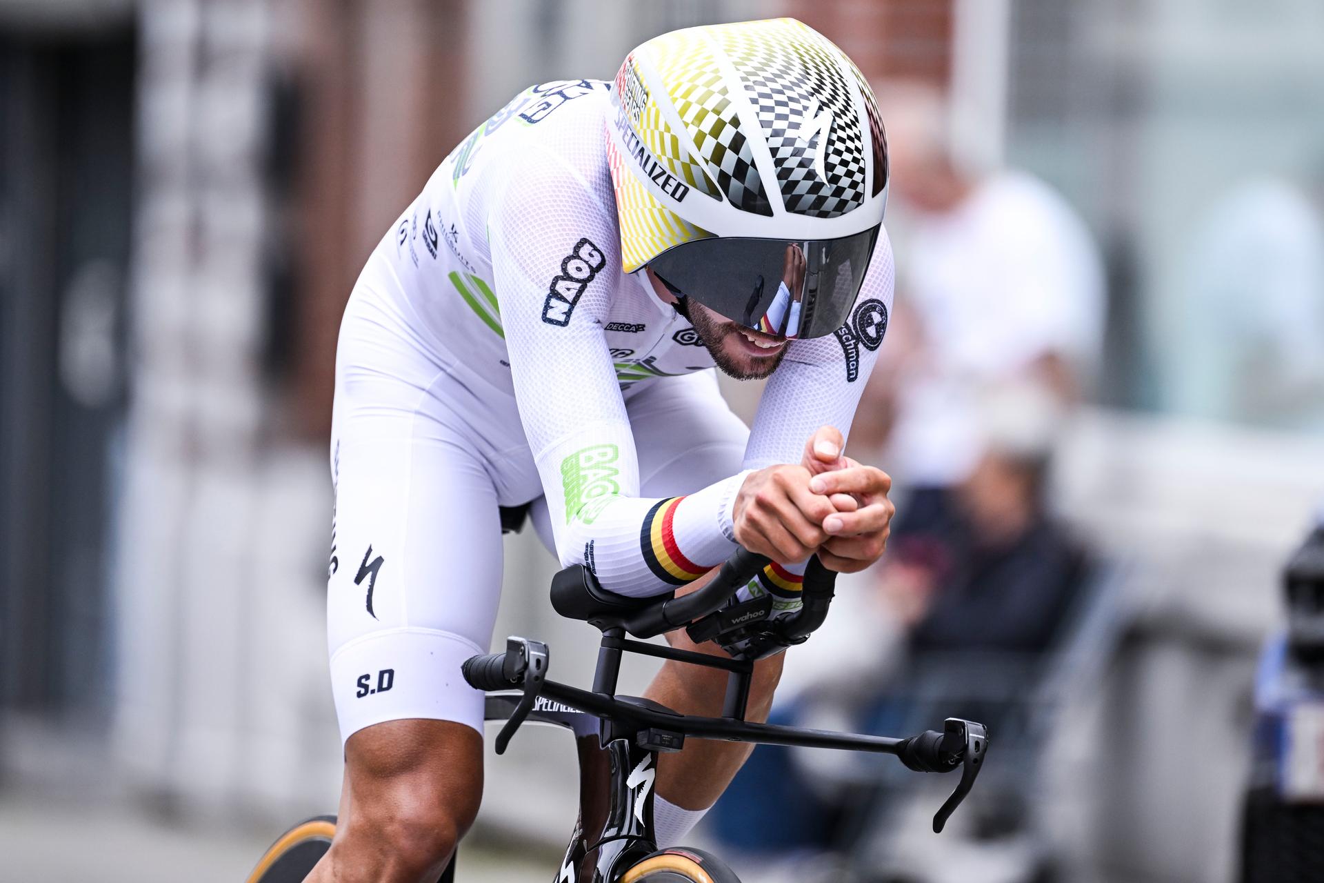 Belgian Elias Van Breussegem of Shifting Gears pictured in action during the men without contract individual time trial of the Belgian Championships cycling, 38,5km, in Binche, on Thursday 20 June 2024. BELGA PHOTO TOM GOYVAERTS