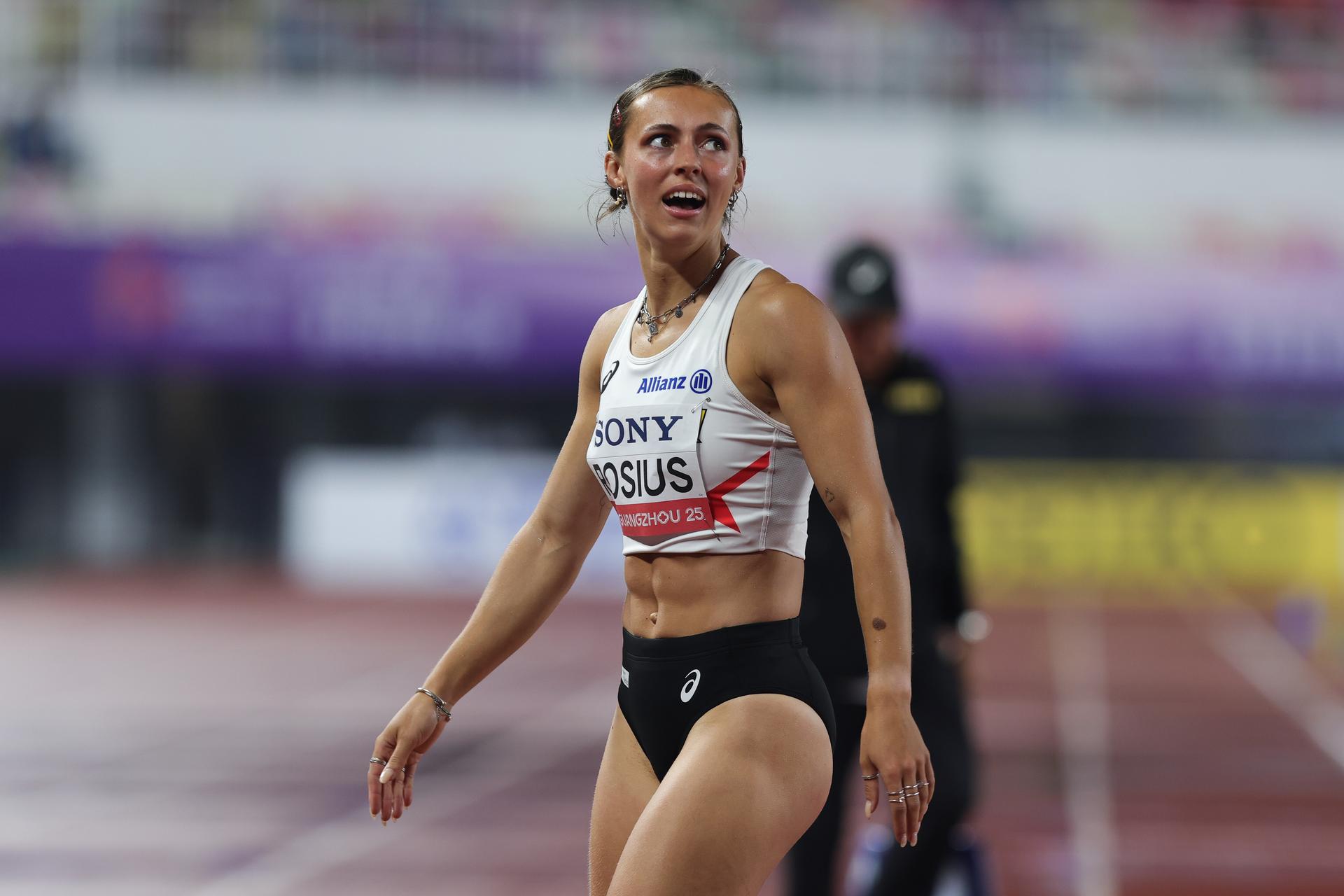 Belgian athlete Rani Rosius reacts after the women's 4x100m relay heats, at the world relay championships, on Saturday 10 May 2025 in Guangzhou, China. The world relay championships in Guangzhou take place from 10 to 11 May. BELGA PHOTO NIKOLA KRSTIC
