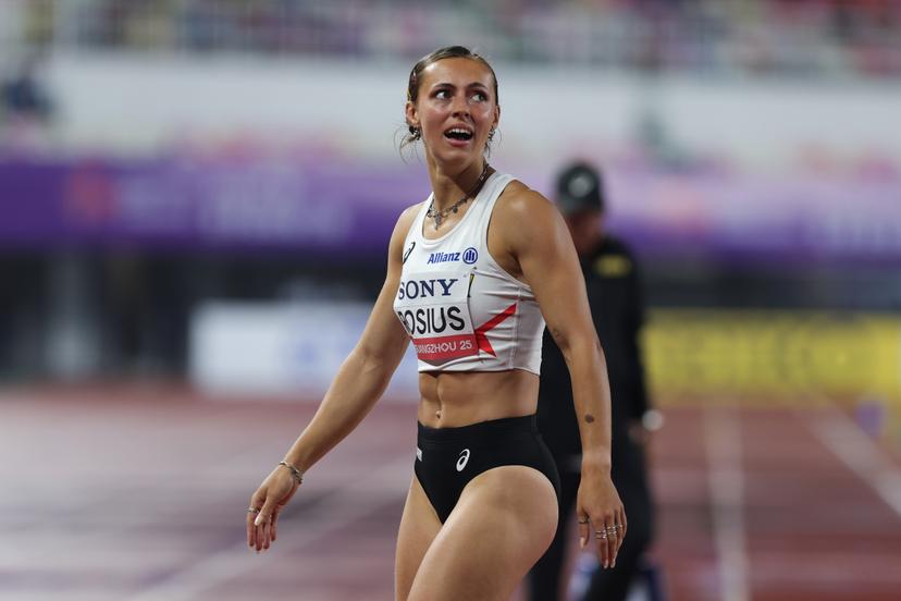 Belgian athlete Rani Rosius reacts after the women's 4x100m relay heats, at the world relay championships, on Saturday 10 May 2025 in Guangzhou, China. The world relay championships in Guangzhou take place from 10 to 11 May. BELGA PHOTO NIKOLA KRSTIC