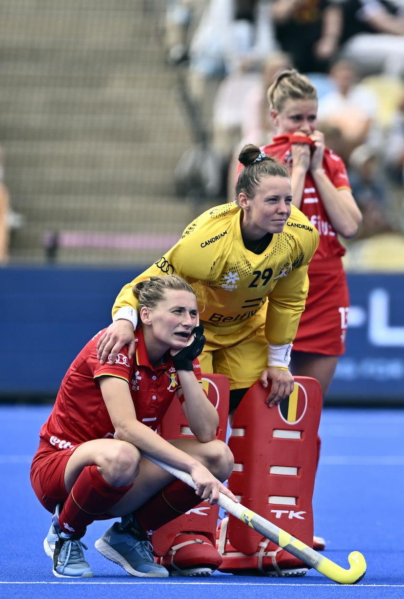 Belgium's Stephanie Vanden Borre and Belgium's goalkeeper Elodie Picard react during a hockey game between Spain and the Belgian national team Red Panthers, the 'small final' to decide on the bronze medal of the 2025 women's European championships, Sunday 17 August 2025 in Monchengladbach, Germany. BELGA PHOTO ERIC LALMAND
