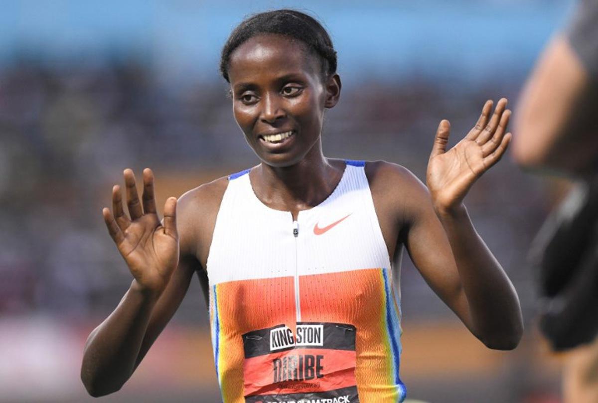 Ethiopia's Diribe Welteji reacts after winning the women's 1,500m event during the Grand Slam Track competition at the National Stadium in Kingston, Jamaica, on April 5, 2025.  Ricardo Makyn / AFP