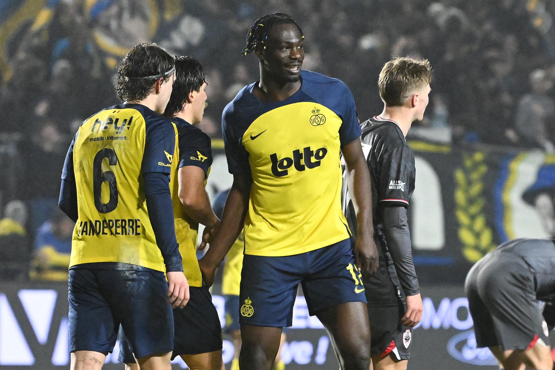 Union's Promise David celebrates after scoring during a soccer match between Royale Union Saint-Gilloise and Royal Antwerp FC, Saturday 21 February 2026 in Brussels, on day 26 of the 2025-2026 'Jupiler Pro League' first division of the Belgian championship. BELGA PHOTO JILL DELSAUX