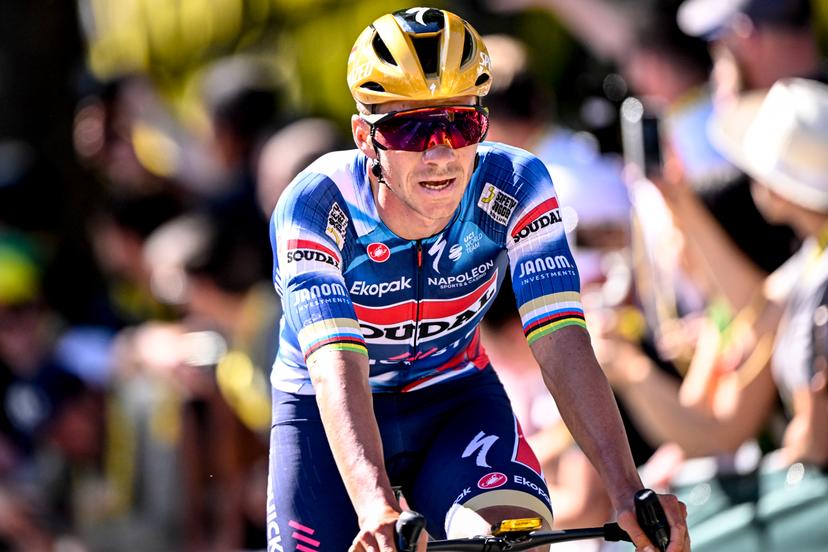 Belgian Remco Evenepoel of Soudal Quick-Step crosses the finish line of the fourth stage of the 2025 Tour de France cycling, Amien Metropole - Rouen (173 km), on Tuesday 08 July 2025 in France. The 112th edition of the Tour de France starts on Saturday 5 July in Lille, France, and will finish in Paris, France on the 27th of July. BELGA PHOTO JASPER JACOBS