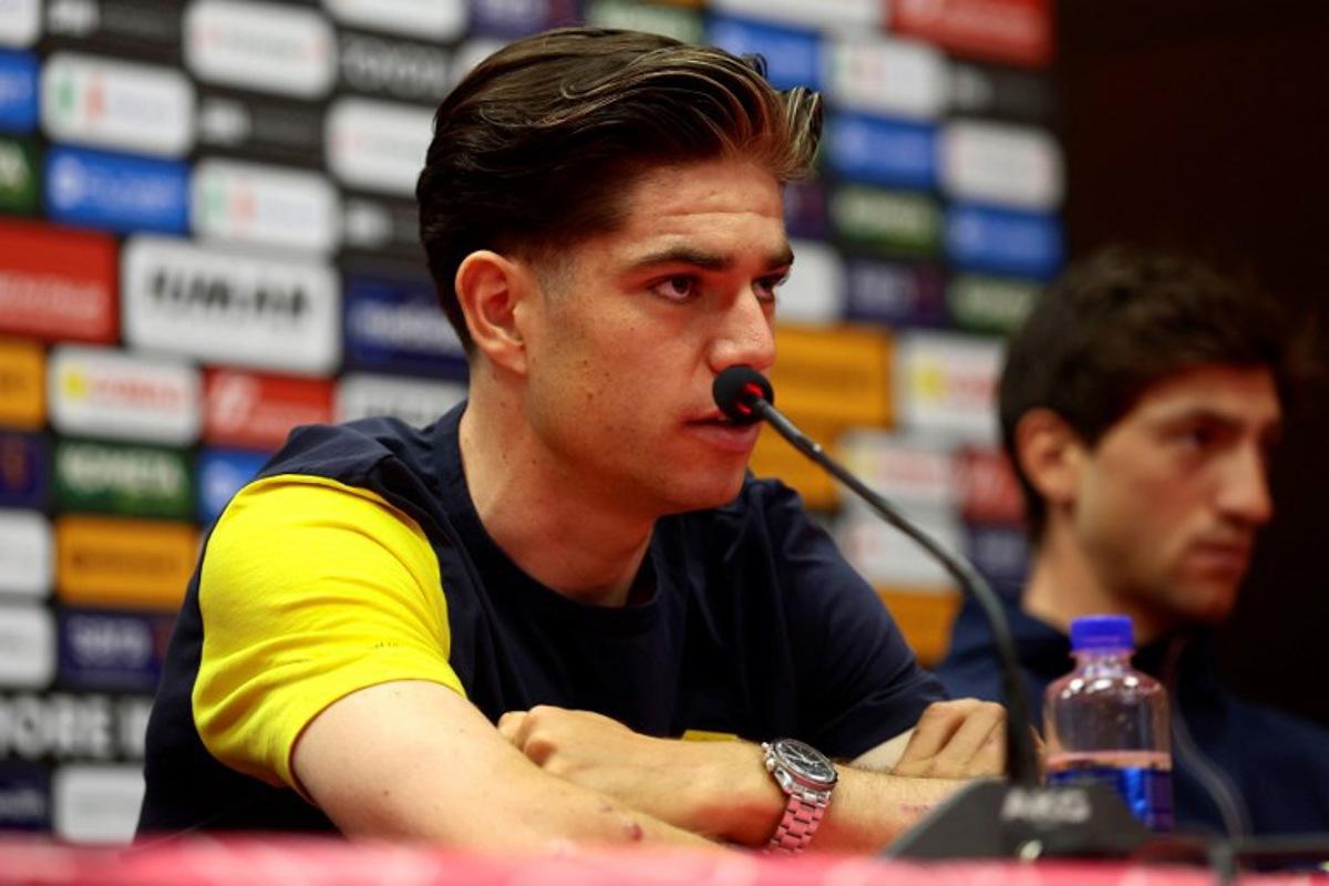 Team Visma-Lease a Bike's Belgian rider Wout Van Aert looks on during the Top Riders press conference on the eve of the departure of the Giro d'Italia 2025 cycling race, in Tirana, on May 8, 2025.  Luca BETTINI / AFP
