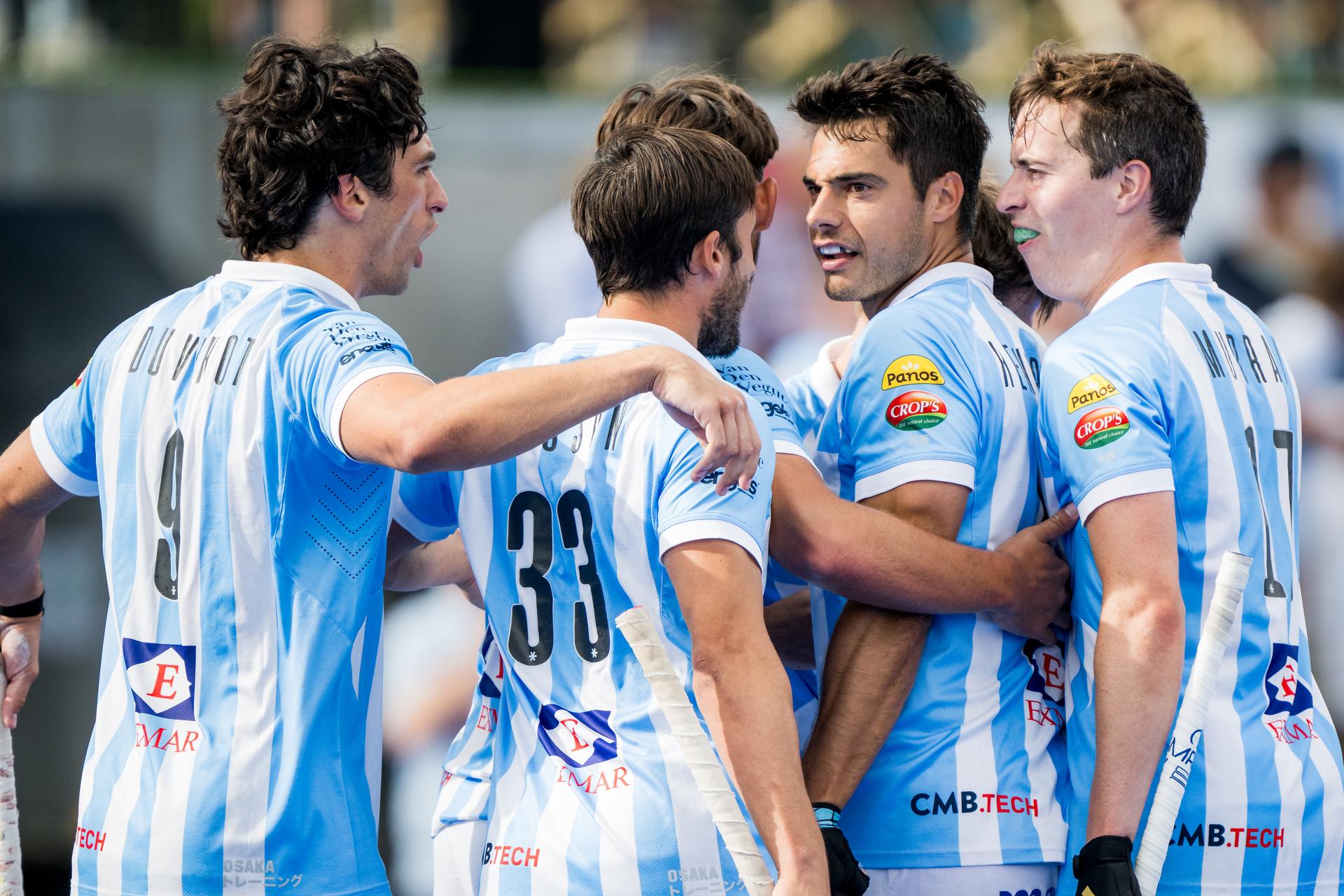 Gantoise's Alexander Hendrickx celebrates after scoring during a hockey game between Gantoise and Royal Leopold Club, Sunday 08 September 2024 in Gent, on the opening day the Belgian first division hockey championship. BELGA PHOTO JASPER JACOBS