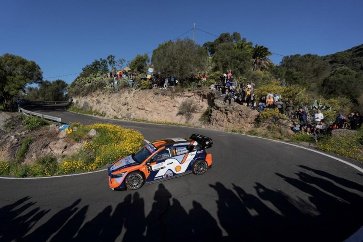 Thierry Neuville of Belgium and his co-driver Martijn Wydaeghe of Belgium compete in their Hyundai i20 N during the shakedown preliminary stage of the World Rally Championship (WRC) Rally Islas Canarias on the island of Gran Canaria in Spain's Canary Islands, on April 24, 2025.  Manaure QUINTERO / AFP