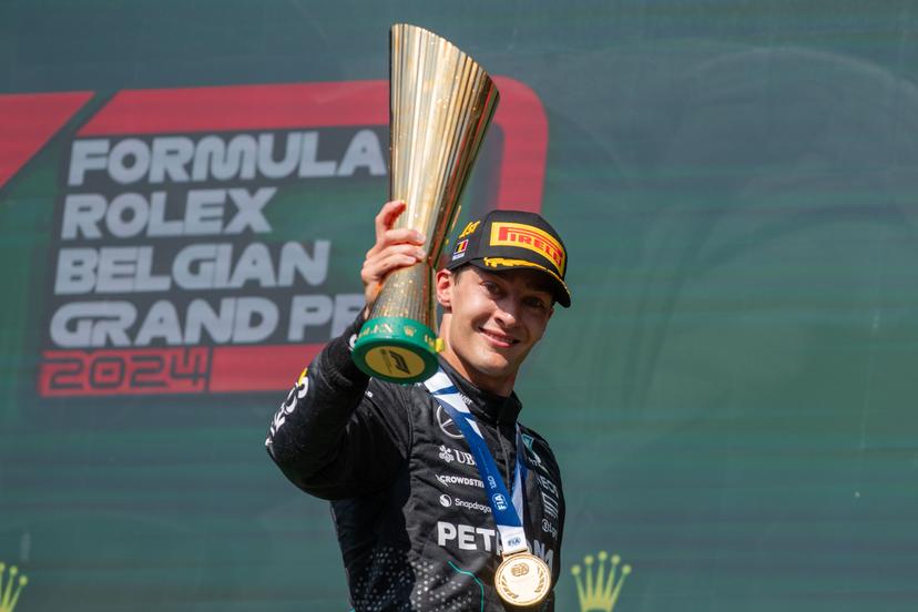 Mercedes-AMG Petronas UK rider George Russell celebrates on the podium after winning the Grand Prix F1 of Belgium race, in Spa-Francorchamps, Sunday 28 July 2024. The Spa-Francorchamps Formula One Grand Prix takes place this weekend, from July 25th to July 28th. BELGA PHOTO JONAS ROOSENS