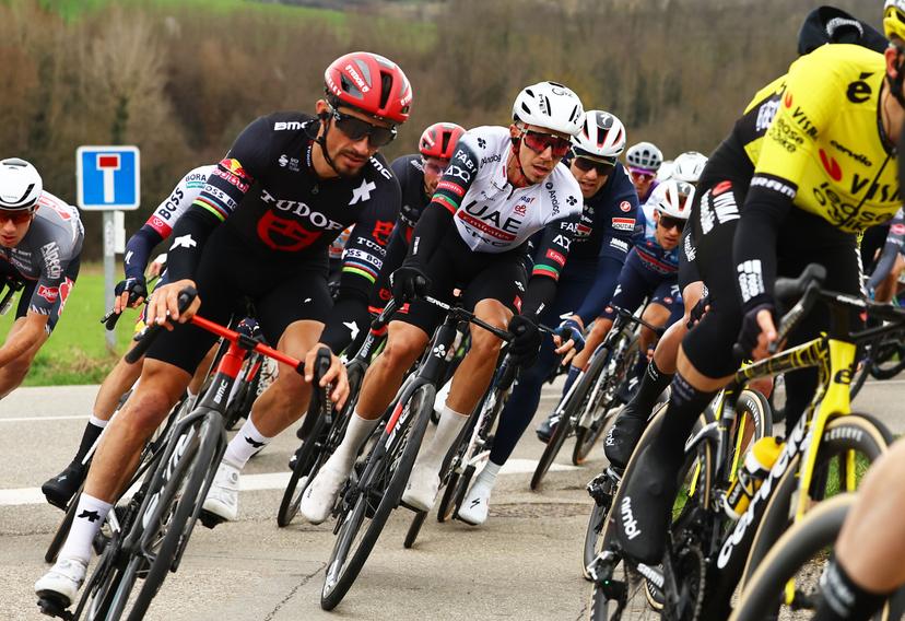 French Julian Alaphilippe of Tudor Pro Cycling Team and Portuguese Ivo Oliveira of UAE Team Emirates pictured in action during stage five of the 83th edition of the Paris-Nice cycling race, 196,5 km from Saint-Just-en-Chevalet to La Cote-Saint-Andre, France, Thursday 13 March 2025. BELGA PHOTO DAVID PINTENS