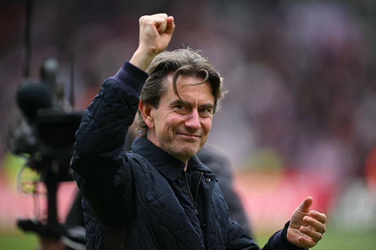 Brentford's Danish head coach Thomas Frank reacts on the pitch after the English Premier League football match between Brentford and Manchester United at the Gtech Community Stadium in London on May 4, 2025. Brentford won the game 4-3. JUSTIN TALLIS / AFP