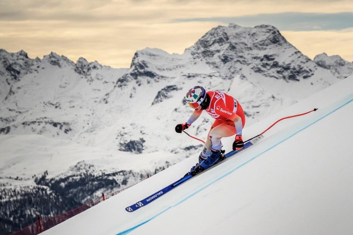 Switzerland's Michelle Gisin competes during a Women's downhill training as part of the FIS Alpine ski World Cup 2025-2026, in St Moritz on December 11, 2025.  Fabrice COFFRINI / AFP