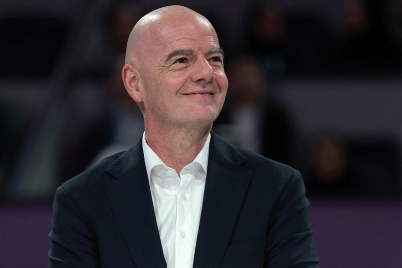 International Association Football Federation (FIFA) President Gianni Infantino looks on at the end of the women's singles final match, at the Qatar Open tennis tournament in Doha on February 14, 2026.  Karim JAAFAR / AFP