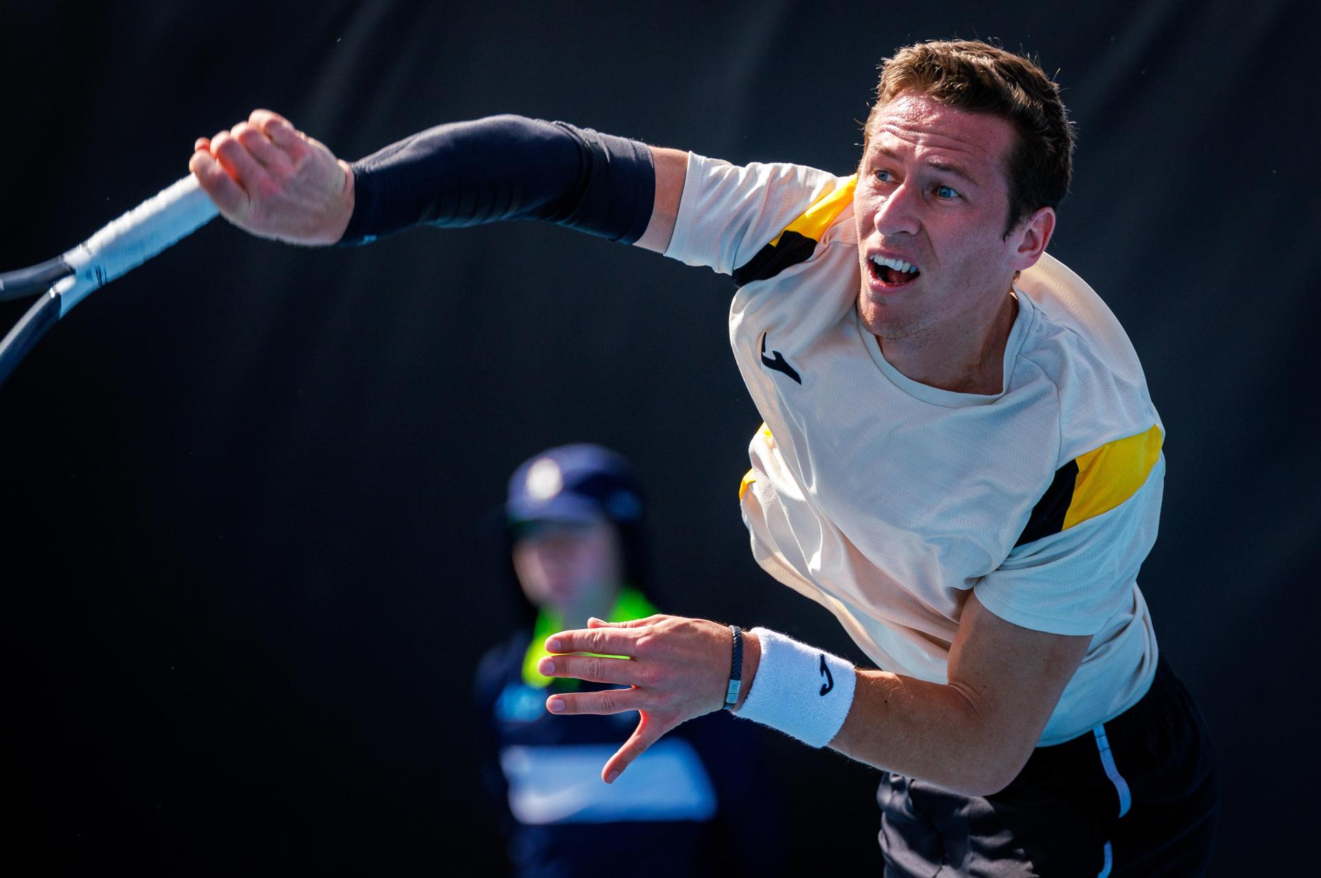 Belgium's Kimmer Coppejans pictured in action during a third round qualifying match in the men's singles against USA's Svajda at the Australian Open, Melbourne Park, Melbourne on Thursday 15 January 2026.  BELGA PHOTO PATRICK HAMILTON  --- BENELUX ONLY   ---