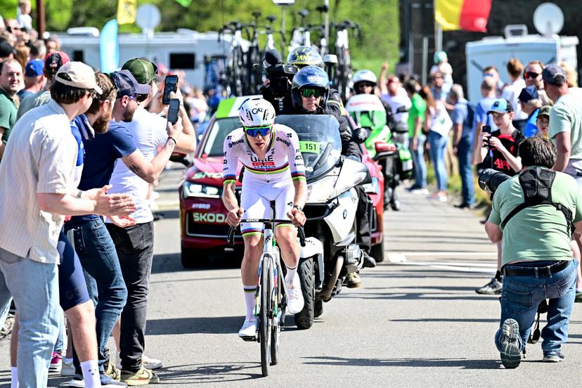 Slovenian Tadej Pogacar of UAE Team Emirates pictured in action during the men elite race of the Liege-Bastogne-Liege one day cycling event, 252km from Liege, over Bastogne to Liege, Sunday 27 April 2025. BELGA PHOTO MAARTEN STRAETEMANS