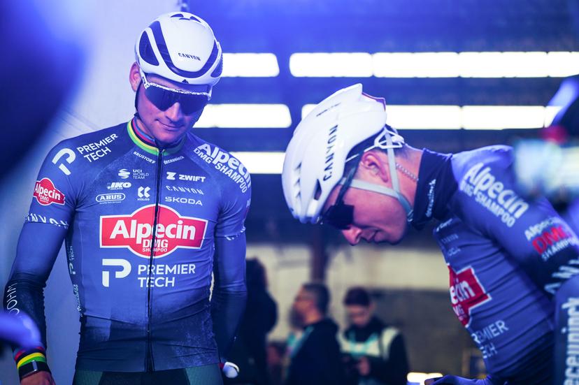 Dutch Mathieu van der Poel of Alpecin-Premier Tech and Belgian Jasper Philipsen of Alpecin-Premier Tech pictured at the team presentation at the start of the 81st edition of the men's one-day cycling race Omloop Het Nieuwsblad (UCI World Tour), the opening race of the Flemish one-day classics season, 207,6 km from Gent to Ninove, Saturday 28 February 2026. BELGA PHOTO ELIAS ROM