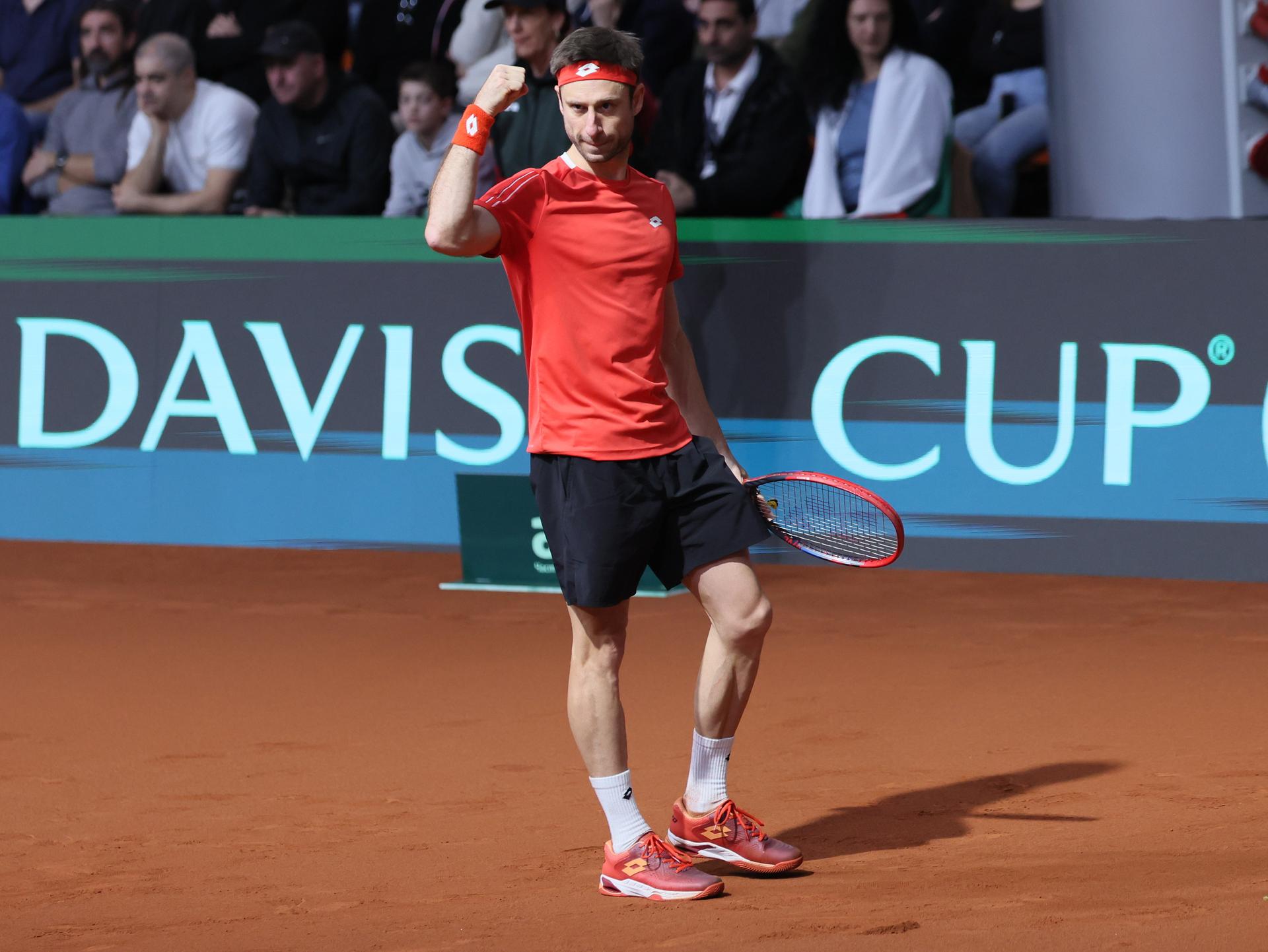 Belgian Sander Gille celebrates during a doubles tennis match between Bulgarian Donski/Nesterov and Belgian Gille/Vliegen, match 3 of the qualifier of the Davis Cup on Sunday 08 February 2026, in Plovdiv, Bulgaria. Belgium will compete this weekend in the Davis Cup qualifiers against Bulgaria. BELGA PHOTO BENOIT DOPPAGNE
