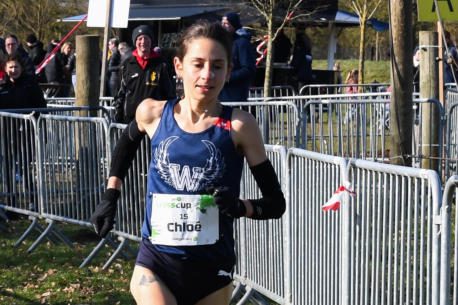 Belgian Chloe Herbiet pictured in action during the women's race at the CrossCup cross country running athletics event in Diest, the fifth and final stage of the CrossCup competition, Sunday 16 February 2025. BELGA PHOTO JILL DELSAUX