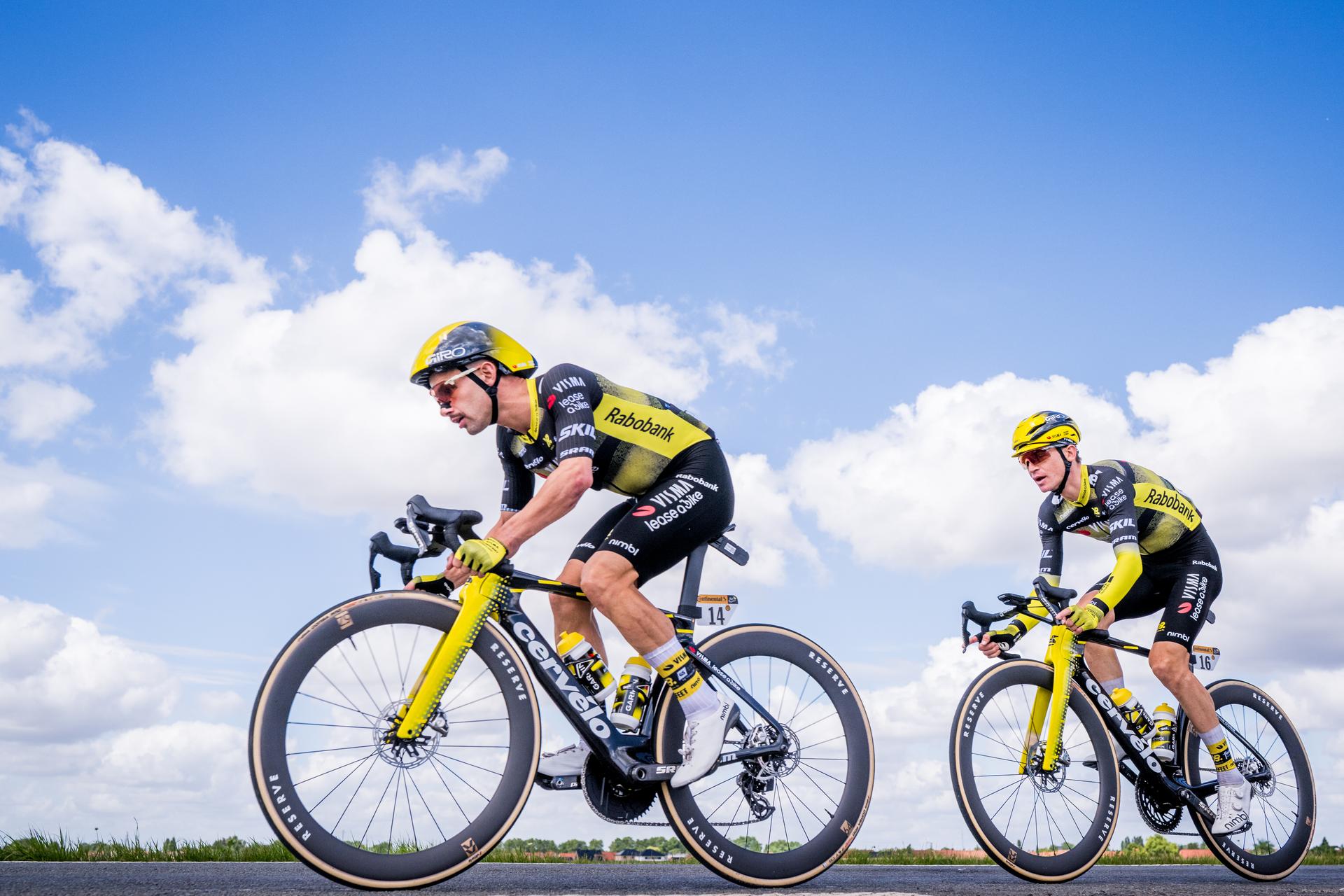Belgian Victor Campenaerts of Team Visma-Lease a Bike and American Sepp Kuss of Team Visma-Lease a Bike pictured in action during the third stage of the 2025 Tour de France cycling, from Valenciennes to Dunkerque (178 km) on Monday 07 July 2025 in France. The 112th edition of the Tour de France starts on Saturday 5 July in Lille, France, and will finish in Paris, France on the 27th of July. BELGA PHOTO JASPER JACOBS