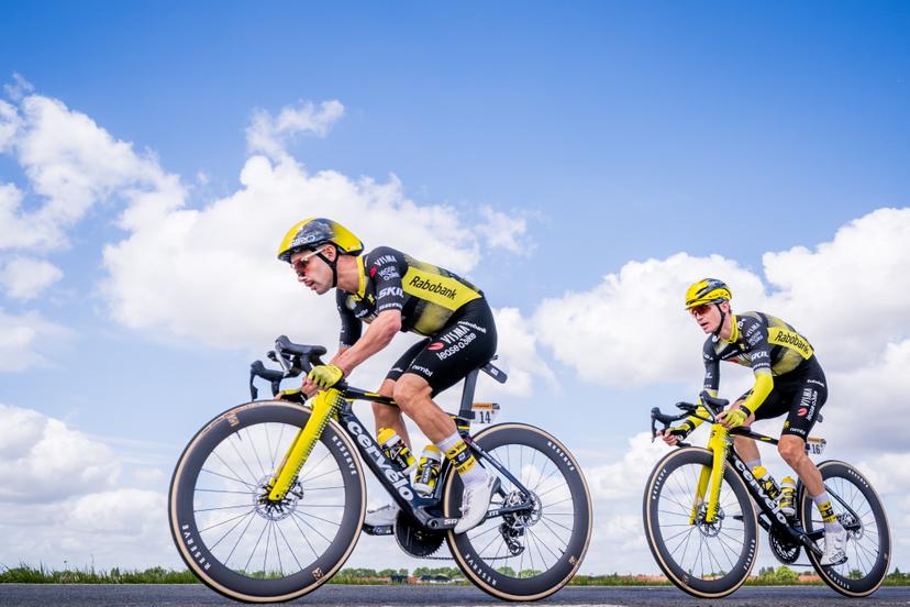 Belgian Victor Campenaerts of Team Visma-Lease a Bike and American Sepp Kuss of Team Visma-Lease a Bike pictured in action during the third stage of the 2025 Tour de France cycling, from Valenciennes to Dunkerque (178 km) on Monday 07 July 2025 in France. The 112th edition of the Tour de France starts on Saturday 5 July in Lille, France, and will finish in Paris, France on the 27th of July. BELGA PHOTO JASPER JACOBS